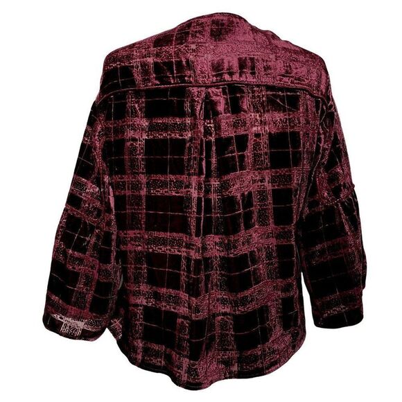 Anthropologie The Korner Crushed Velvet Cropped Top Sz S Burgundy Tonal Squares - Picture 3 of 4